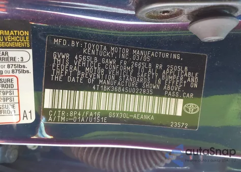 2005 Toyota Avalon Xl из США, поврежденный, VIN 4T1BK36B45U022835